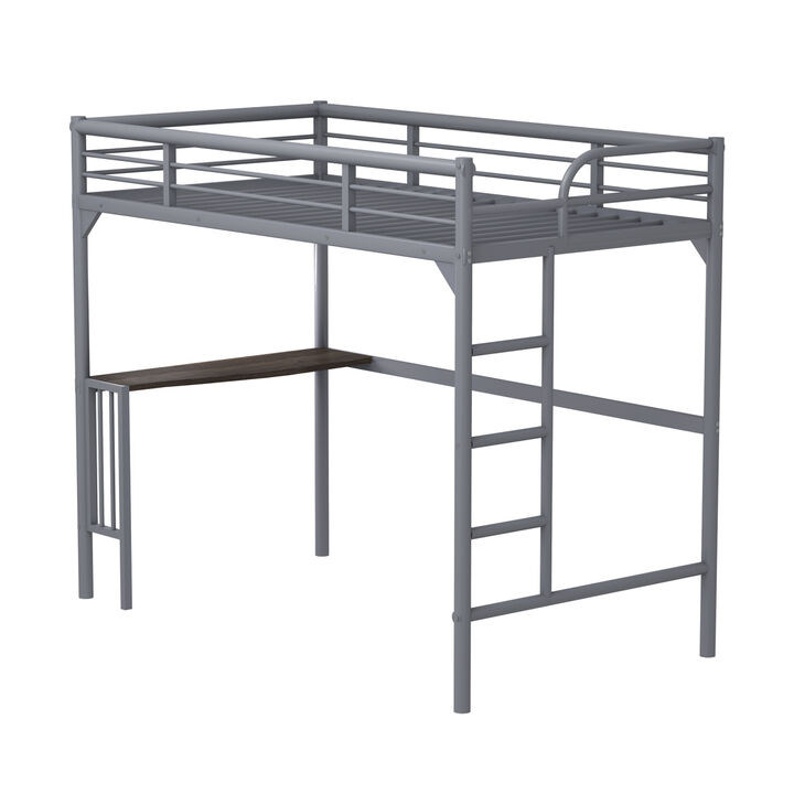 Twin Metal loft Bed with Desk, Ladder and Guardrails, bookdesk under bed, Silver