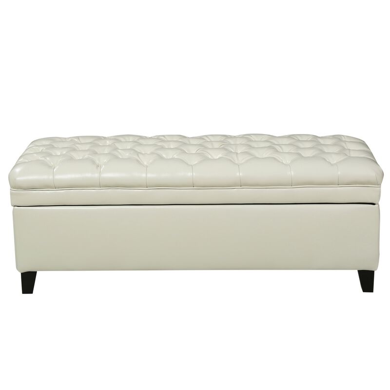 Rhya Storage Ottoman Bench, Ivory Faux Leather, Brown Wood, 50 Inch - Benzara