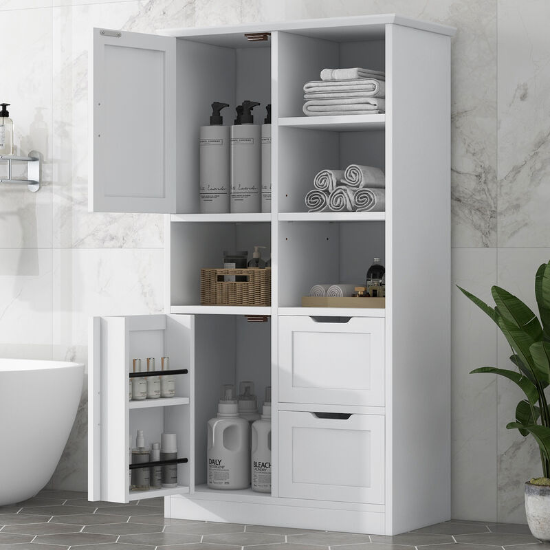 Whisen White Bathroom Storage Cabinet, Freestanding Style Cabinet with Multiple Storage Space and Open Shelf - White