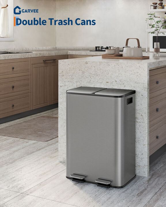 2&times;30L Dual Compartment Steel Step Trash Can, Soft Close Lid, Removable Inner Bucket, Odor Control Fingerprint Proof Recycling Bin