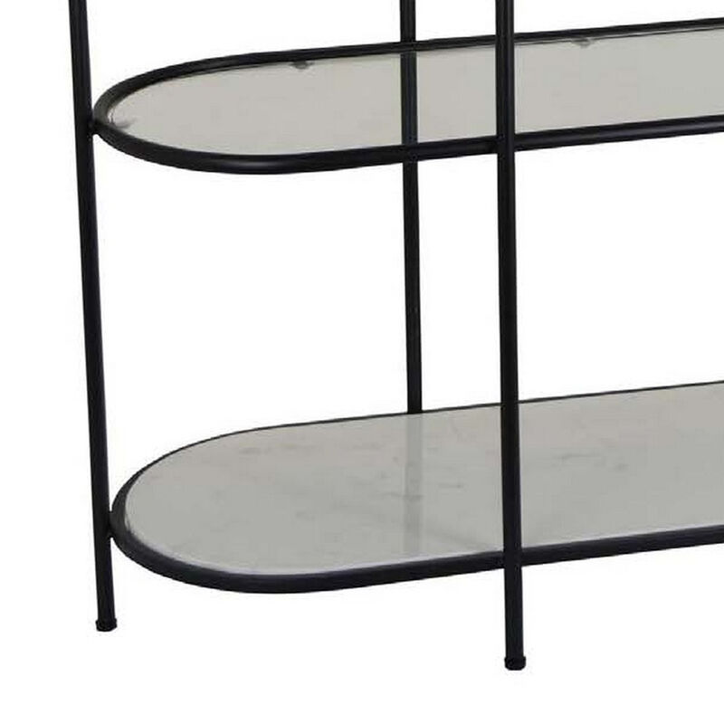 44 Inch Plant Stand Table, Open Metal Frame, 3 Glass Shelves, Black Finish - Benzara