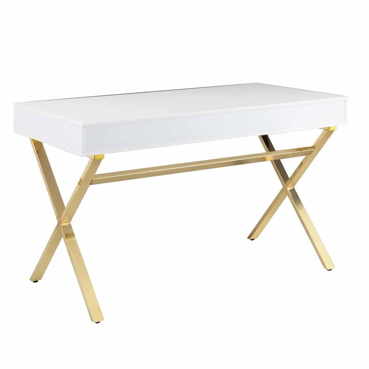 Gracie 47 Inch Desk, White Rectangular Top, 2 Drawers, Gold Metal Legs - Benzara
