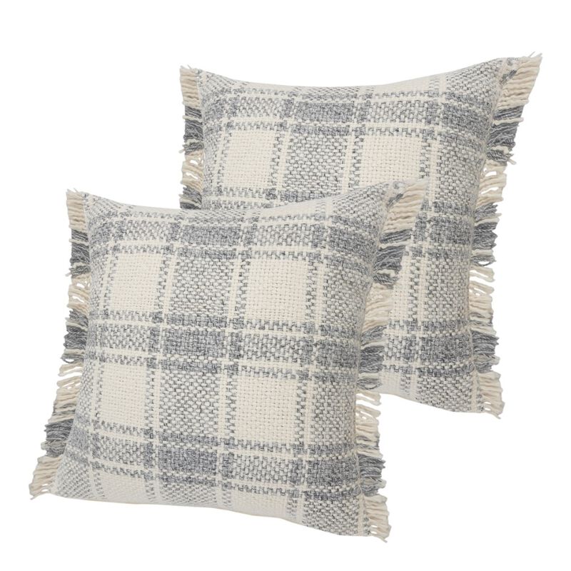 HomeRoots Set of Two 20" Off White And Gray Plaid Cotton Throw Pillows with Fringe image number 0