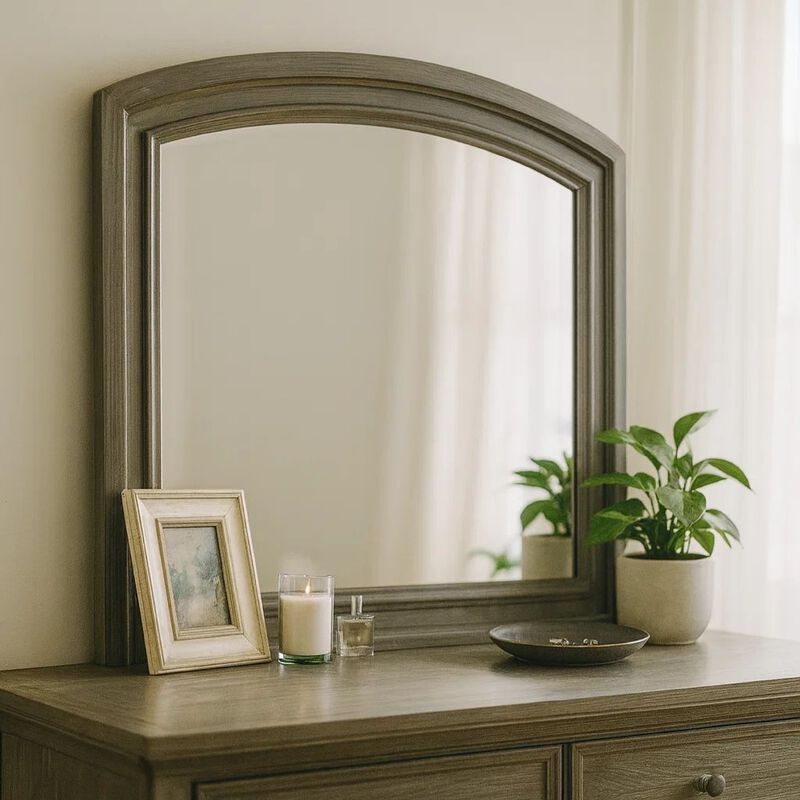 Dresser Mirror, Gray Pine Wood Frame, Farmhouse Carved Details 36x42 image number 8