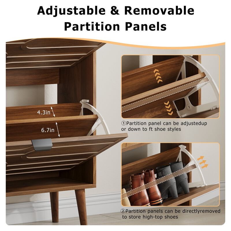 Clihome Medieval Modern Independent Shoe Cabinet, 31.5-inch Walnut Shoe Storage Cabinet,, Fence Shoe Cabinet With 2 Flip Drawers, Suitable For Corridors And Entrances image number 6