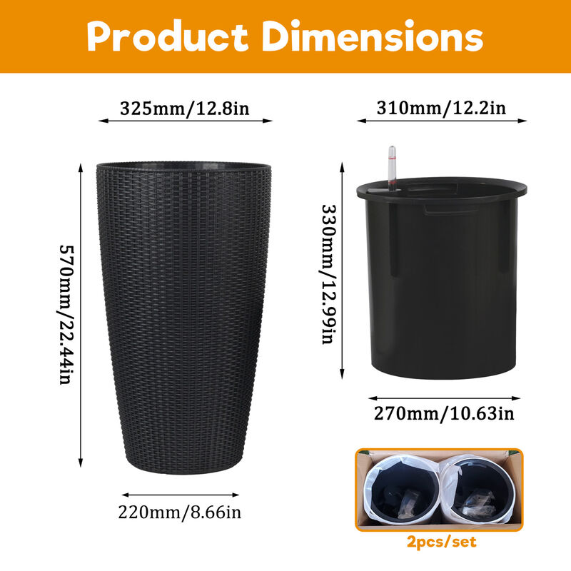 WOW PIONEER Set of 2 Large Faux Rattan Tall Planters for Indoor Outdoor Use with Automatic Watering System Water Level Monitor Inner Bucket for Garden Patio Porch Backyard image number 2