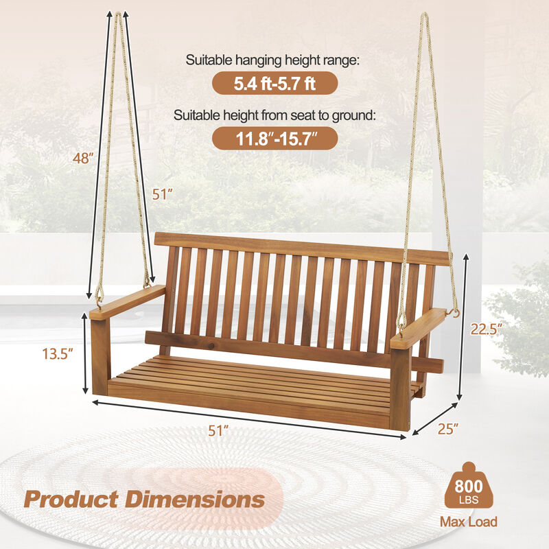 2-Seat Acacia Wood Porch Swing Bench with 2 Hanging Hemp Ropes