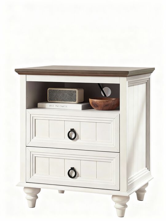Farmhouse Nightstand Charging Station 22" End Table 2 Drawers Open Shelf