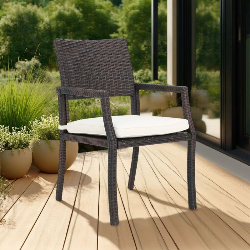 Roeh Outdoor Dining Chair Set of 2, Contemporary Wicker and Brown Fabric - Benzara