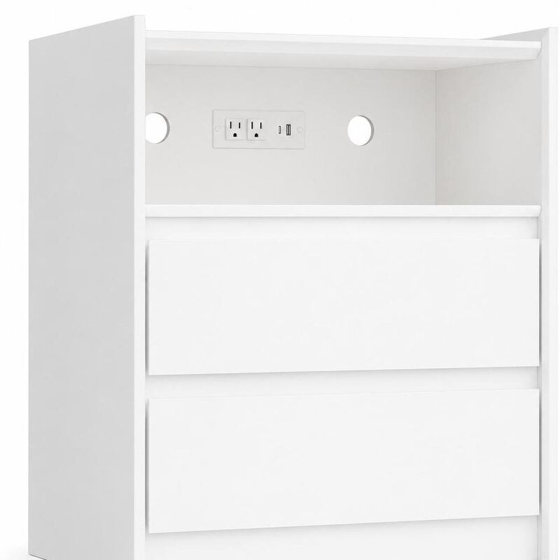 HomeRoots 24" White Wood Two Drawer Nightstand with USB Port and Integrated Tech image number 2