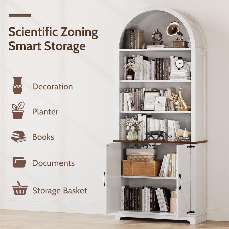 6-Tier Arched Bookcase, 70" Tall Wooden Bookshelf with Door, Arched Cabinet with Open Shelves, Floor Standing Display Bookcase for Home, Office image number 6