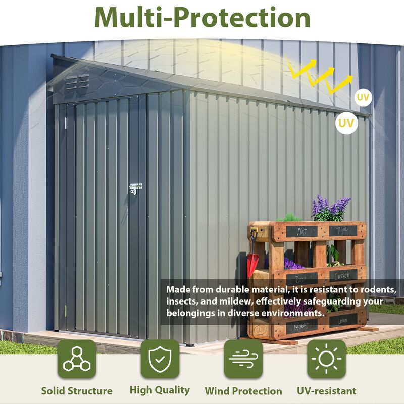 4x7 FT Olive Grey Lean-To Steel Shed, All-Weather Outdoor Storage with Vents & Lockable Doors image number 5