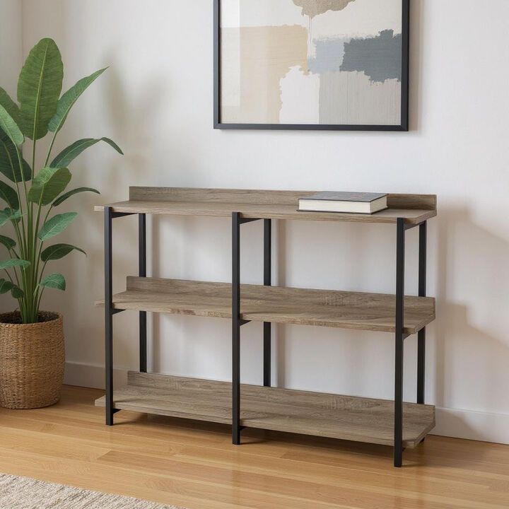 HomeRoots 47" Taupe and Black Wood and Metal Frame Console Table With Three Shelves