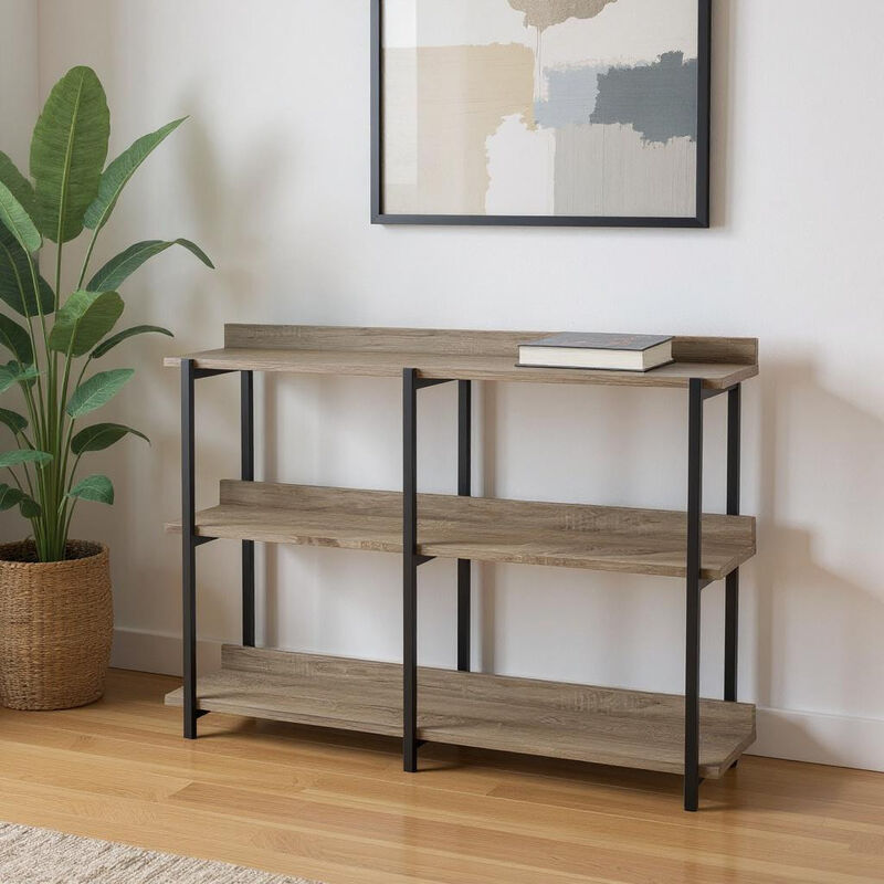 HomeRoots 47" Taupe and Black Wood and Metal Frame Console Table With Three Shelves image number 1