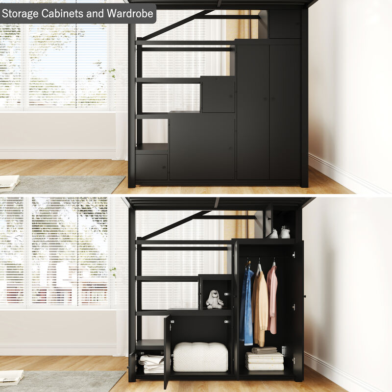 Merax Full Size Metal Loft Bed with 4-Tier Open Shelves, Storage Staircase image number 4