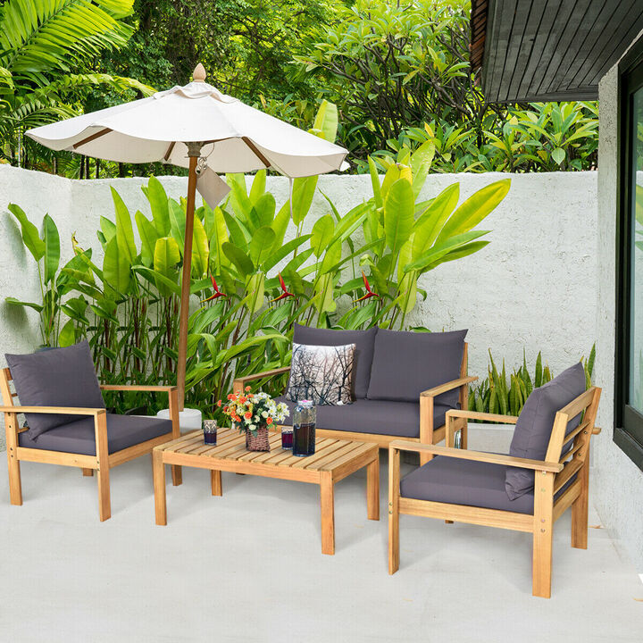 Outdoor 4 Pieces Acacia Wood Chat Set with Water Resistant Cushions-Red