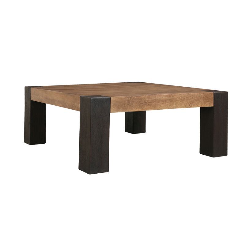 Kisa 44 Inch Square Coffee Table, Sandblasted Block Legs, Coffee Brown Mango Wood image number 2