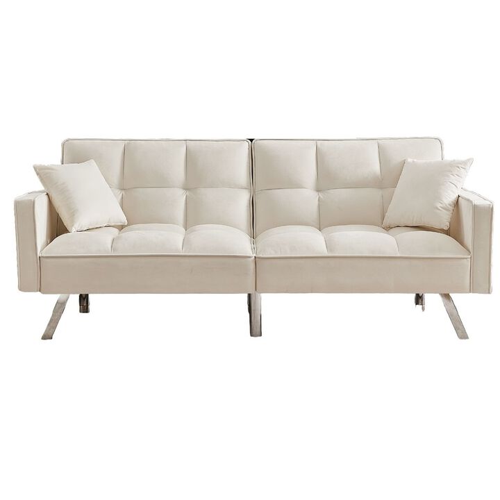 Cream White Velvet Sofa Couch Bed with Armrests and 2 Pillows