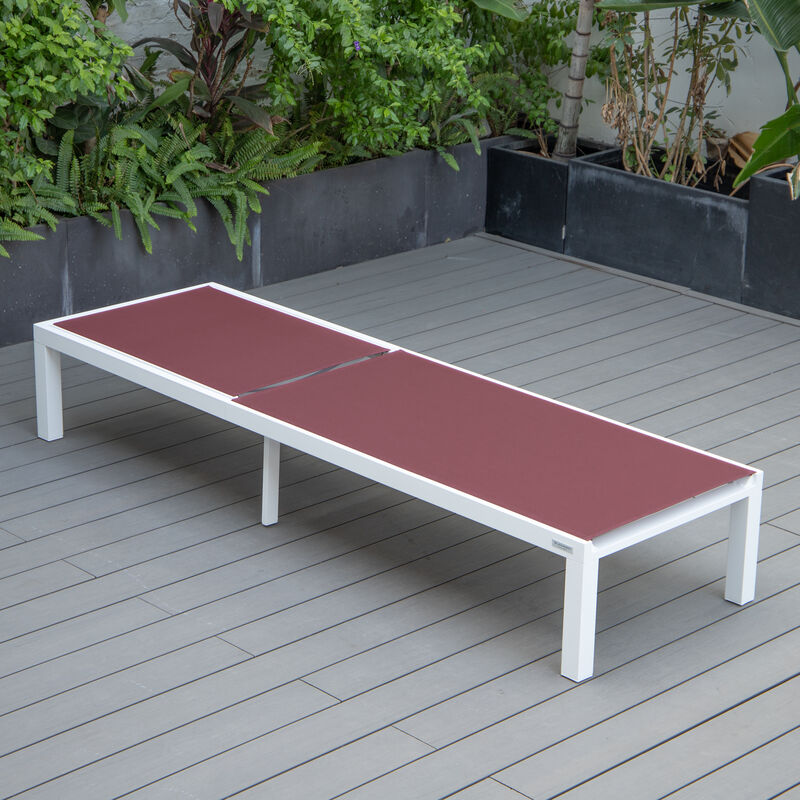 LeisureMod Marlin Modern Aluminum Outdoor Patio Chaise Lounge Chair in White Frame Set of 2 with Square Fire Pit Side Table