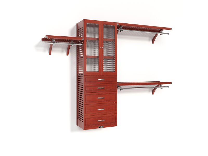 Solid Wood Walk-In Closet Organizer with 5  Drawers and Glass Doors