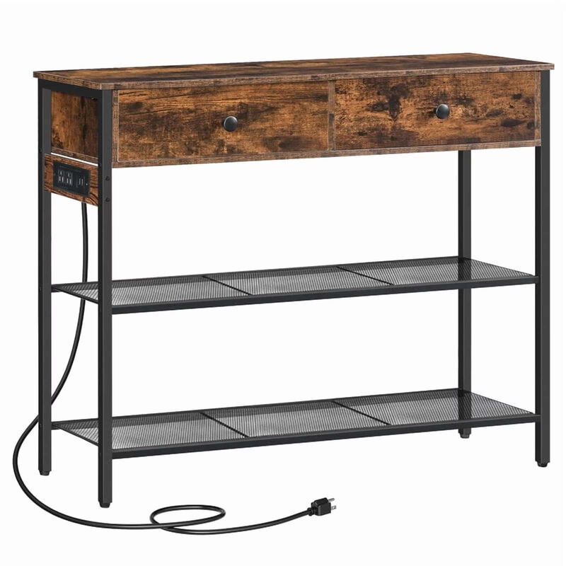 3-Tier Industrial Slim Console Table with Charging Station & Drawers image number 0