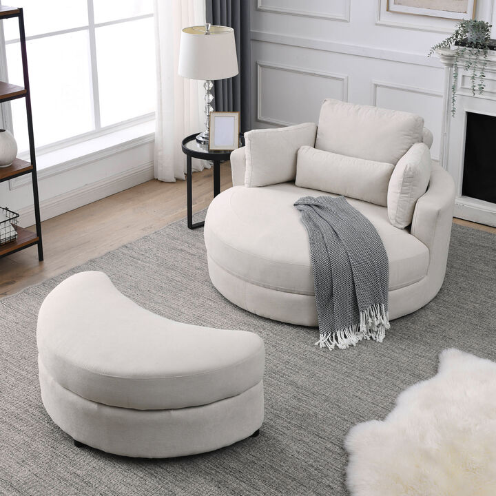 Welike Swivel Accent Barrel Modern Sofa Lounge Club Big Round Chair with Storage Ottoman Linen Fabric for Living Room Hotel with Pillows