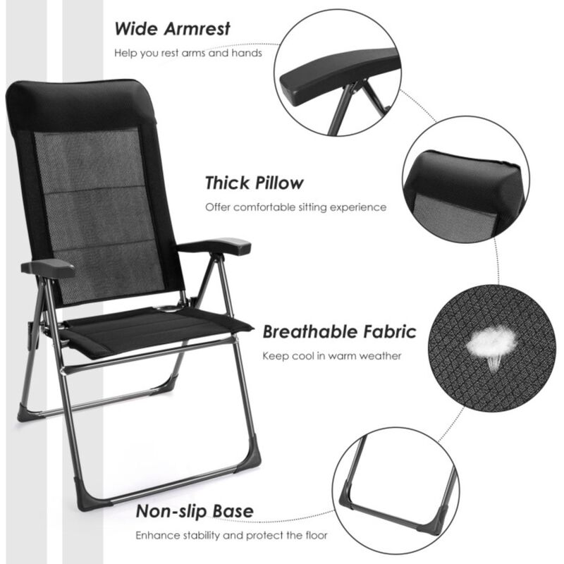 Hivvago 2 Pcs Portable Patio Folding Dining Chairs with Headrest Adjust for Camping -Black