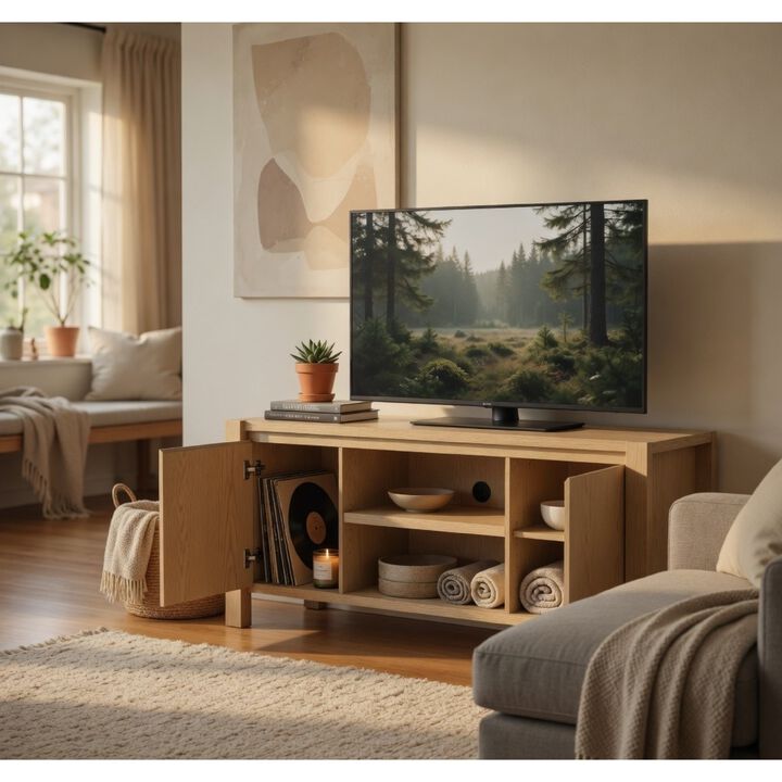Laury TV Stand Media Console with Open Shelves, Light Oak Wood 60 Inch