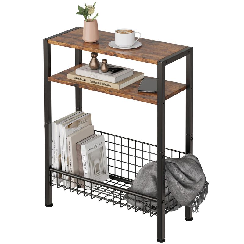 Lifenite DIY Narrow Side Table, 3 Tier End Table with Various Storage Basket, Slim Sofa Side Table for Small Spaces, Skinny Nigh