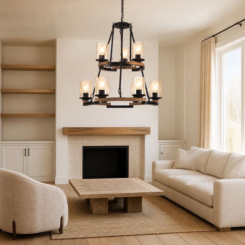 ELEMENT ACE 9-Light Vintage Wagon Wheel Chandelier, Rustic Farmhouse Black Wood Ceiling Light, Adjustable Height for Dining Room Living Room Entryway Kitchen image number 2