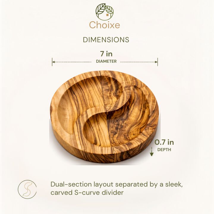 Olive Wood Yin-Yang Dual-Compartment Plate (7 in) &ndash; Charcuterie, Tapas & Serving Dish