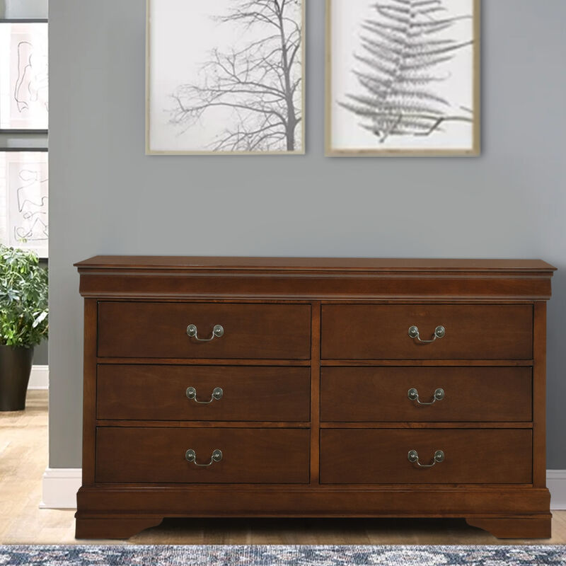 6 Drawer Wooden Dresser In Contemporary Style, Brown
