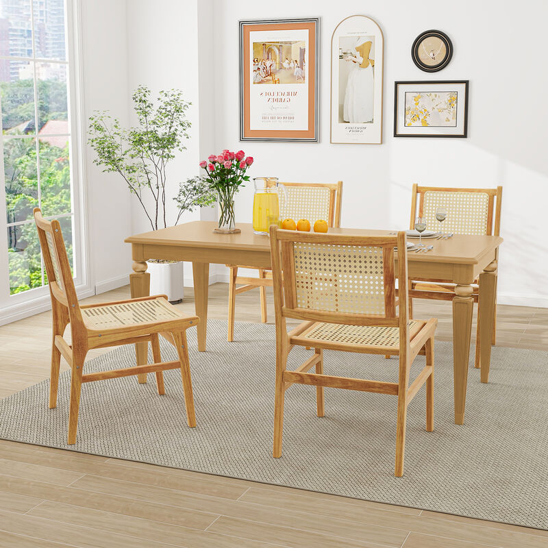 Rattan Dining Chair with Cane Woven Backrest and Teak Wood Frame