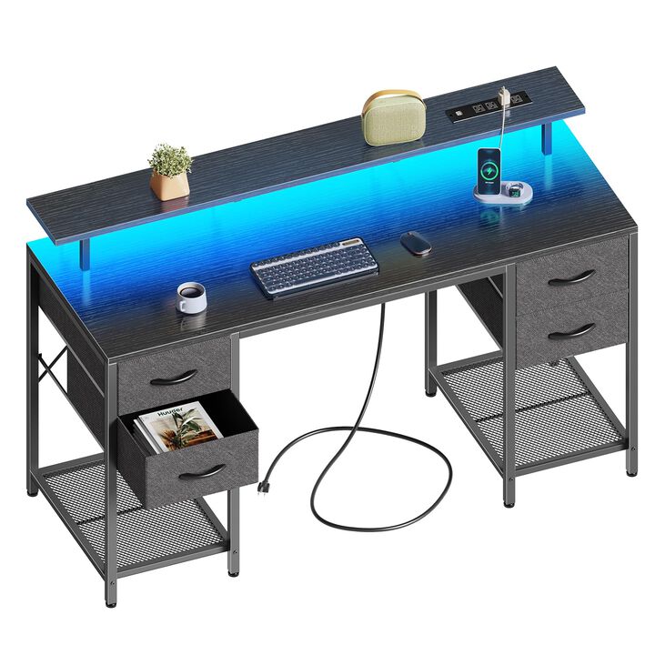 Huuger 55 inch Computer Desk with 4 Drawers, Gaming Desk with LED Lights & Power Outlets, Home Office Desk with Large Storage Sp