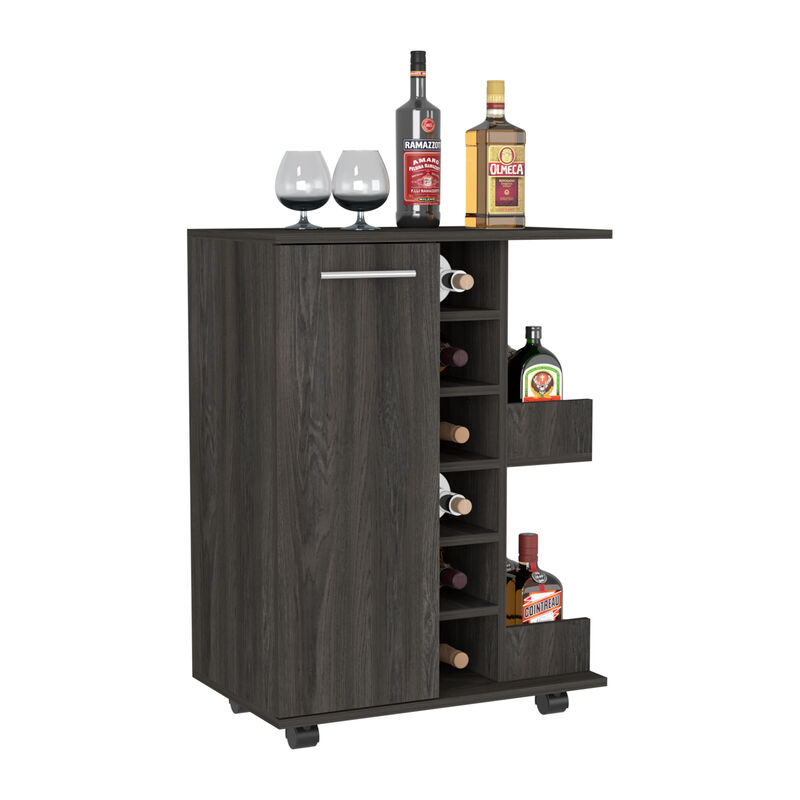 DEPOT E-SHOP Magda Bar Cart, Four Casters, Six Built-in Wine Rack, Single Door Cabinet, Two External Shelves, Carbon Espresso