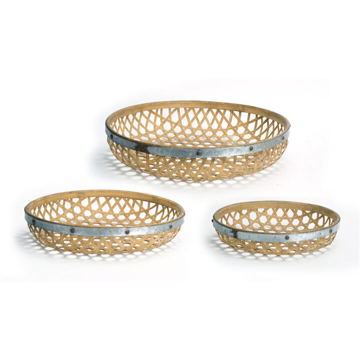 Set of 3 Round Woven Trays Wicker Metal for Stylish Storage