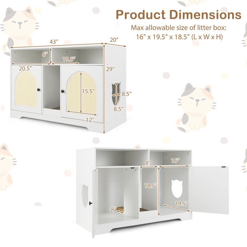 Hidden Cat Litter Box Enclosure with Storage and Double Rooms-White image number 2
