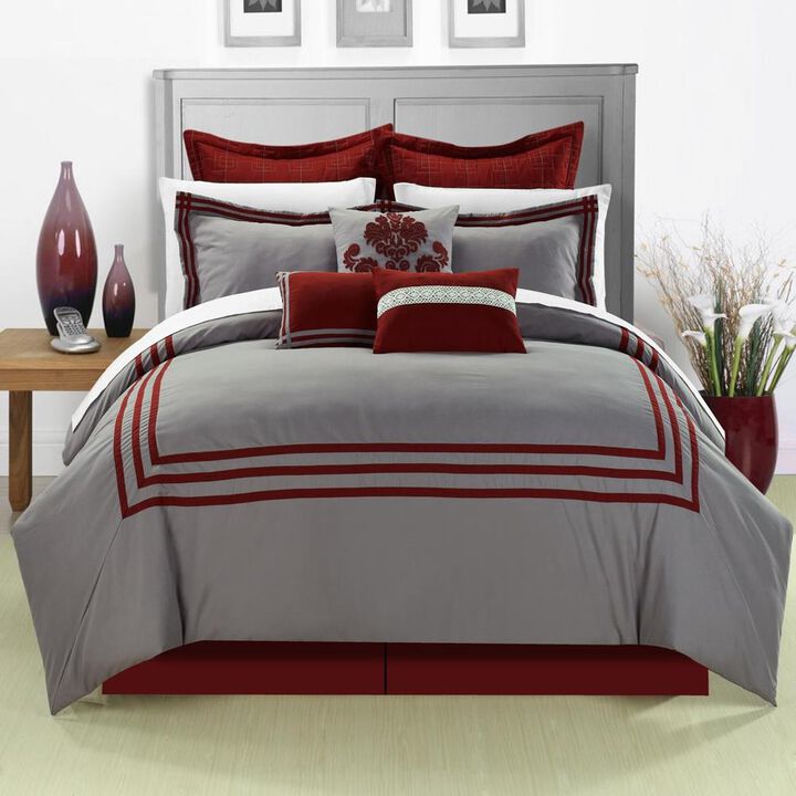 Chic Home Cosmo Red Embroidered Bed In A Bag Comforter With Sheet Set - 12-Piece - Queen 90x90", Grey