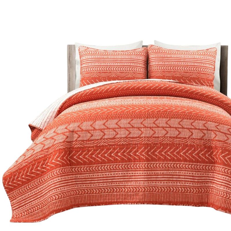 Hivvago Full/Queen Scandinavian Chevron Orange White Stripe Reversible Cotton Quilt Set