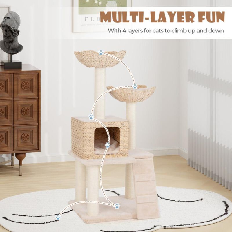 Hivvago 48 Inch Cattail Cat Tower with Sisal Scratching Posts Perch and Condo