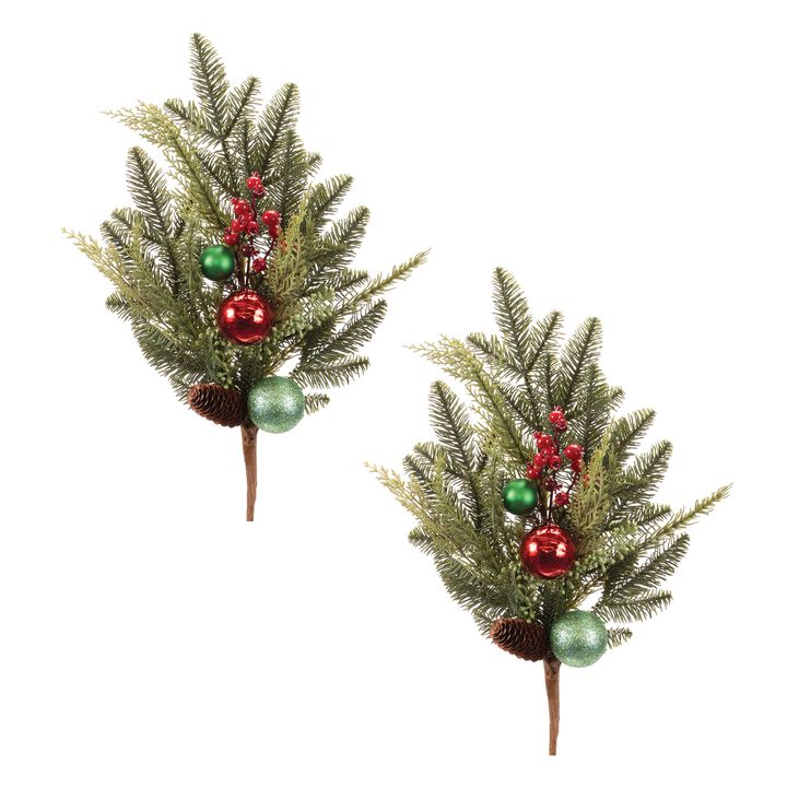 Set of 2 Pine Sprays with Ball Ornaments for Holiday Centerpieces or Tree Decor