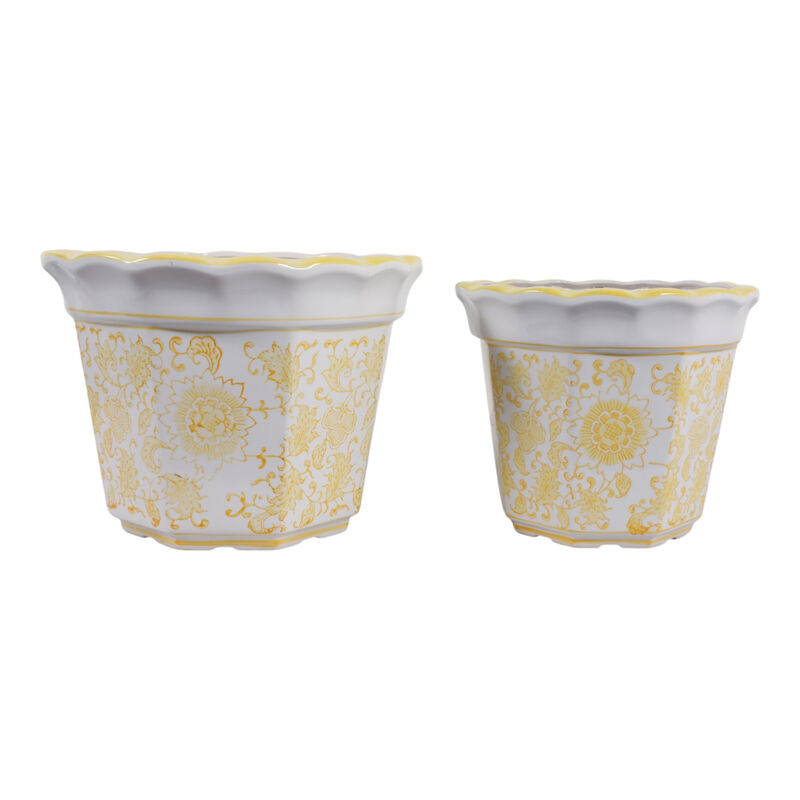 S/2 10/12" Flower Chinoiserie Planters,yellow image number 0