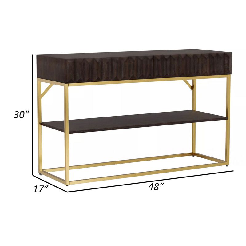 Bran 48 Inch Sofa Console Table, Brown Wood, Gold Steel Base, 2 Drawers-Benzara