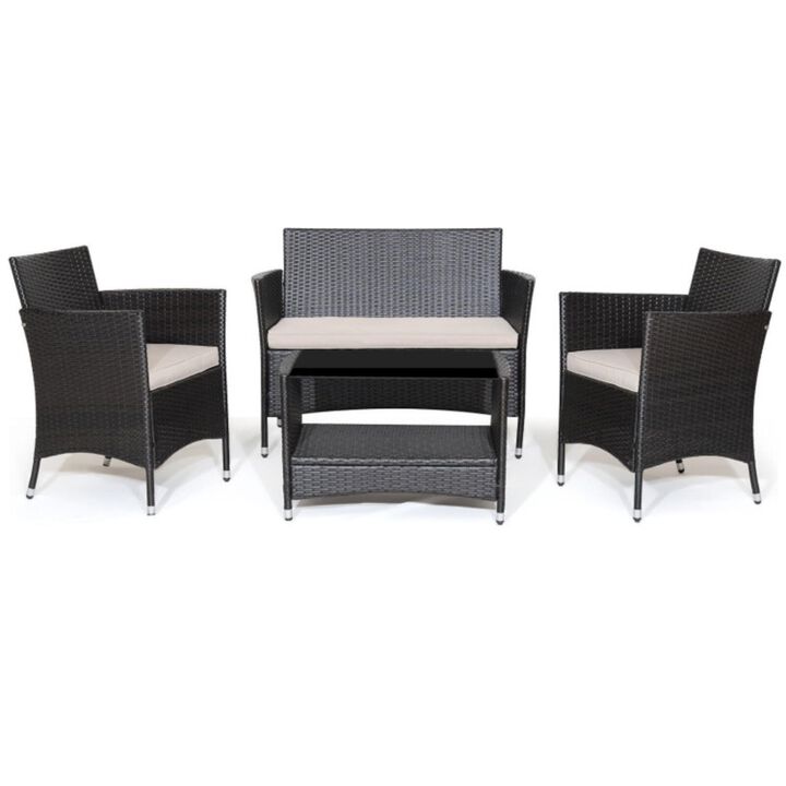 Hivvago 4 Pieces Patio Conversation Set with Soft Cushions and Tempered Glass Tabletop