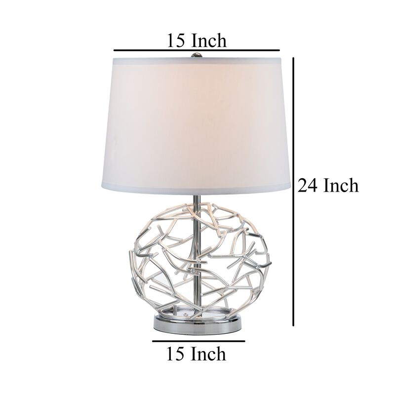 24 Inch Table Lamp, Silver Hollow Geometric Globe Base, Empire Shade - Benzara
