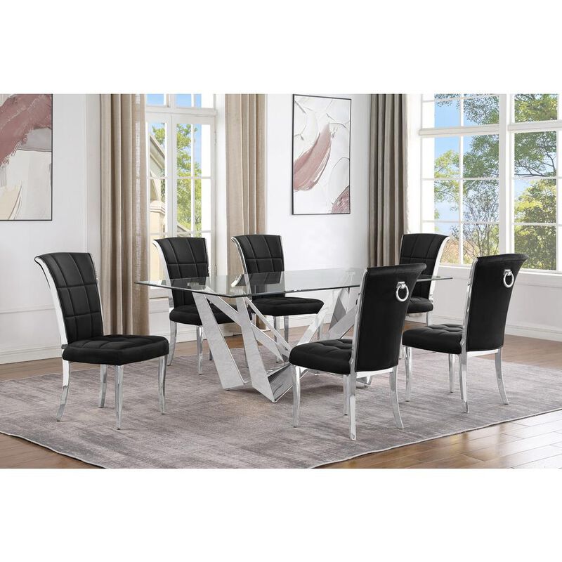 7pc Small(78") glass dining set with silver base and 6 Black side chairs