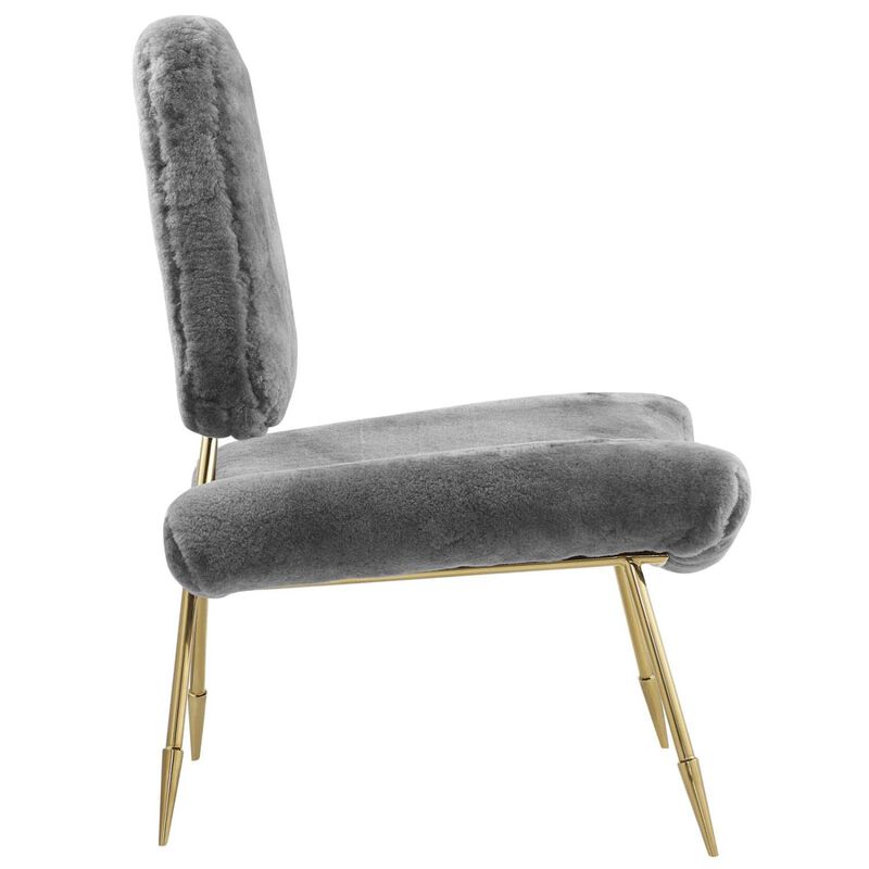 Modway Ponder Contemporary Modern Sheepskin Fur Lounge Accent Chair in Gray