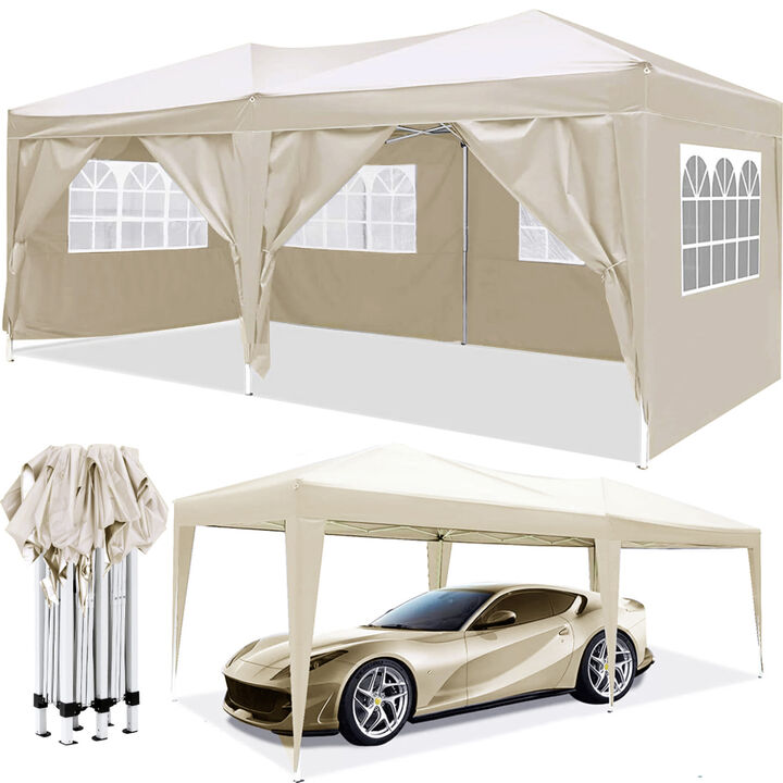 10'x 20' EZ Pop Up Canopy Outdoor Portable Party Folding Tent with 6 Removable Side Walls + Carry Bag + 4 pcs Weight Bag
