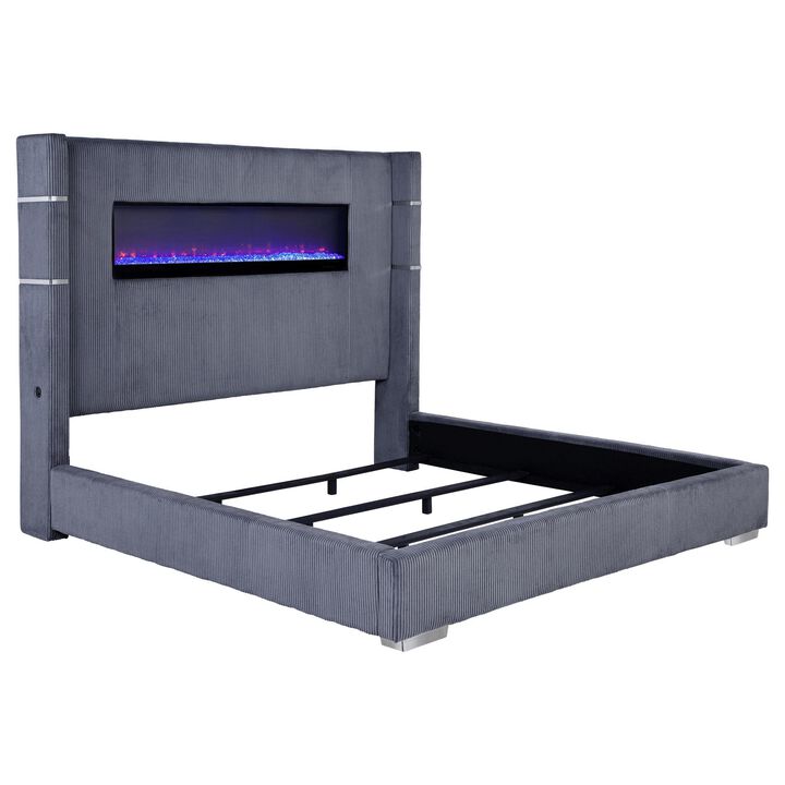 Caro King Bed, Wingback Panel w LED Flame, Gray Corduroy Upholstery - Benzara