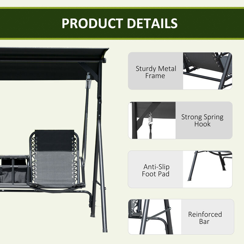 Outsunny 2 Person Porch Swing with Canopy, Covered Patio Swing with Pivot Storage Table, Cup Holder, & Adjustable Overhead Canopy, Black